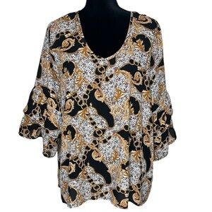 Cure, Stylish Gold & Black Flowy Top - Size 2X